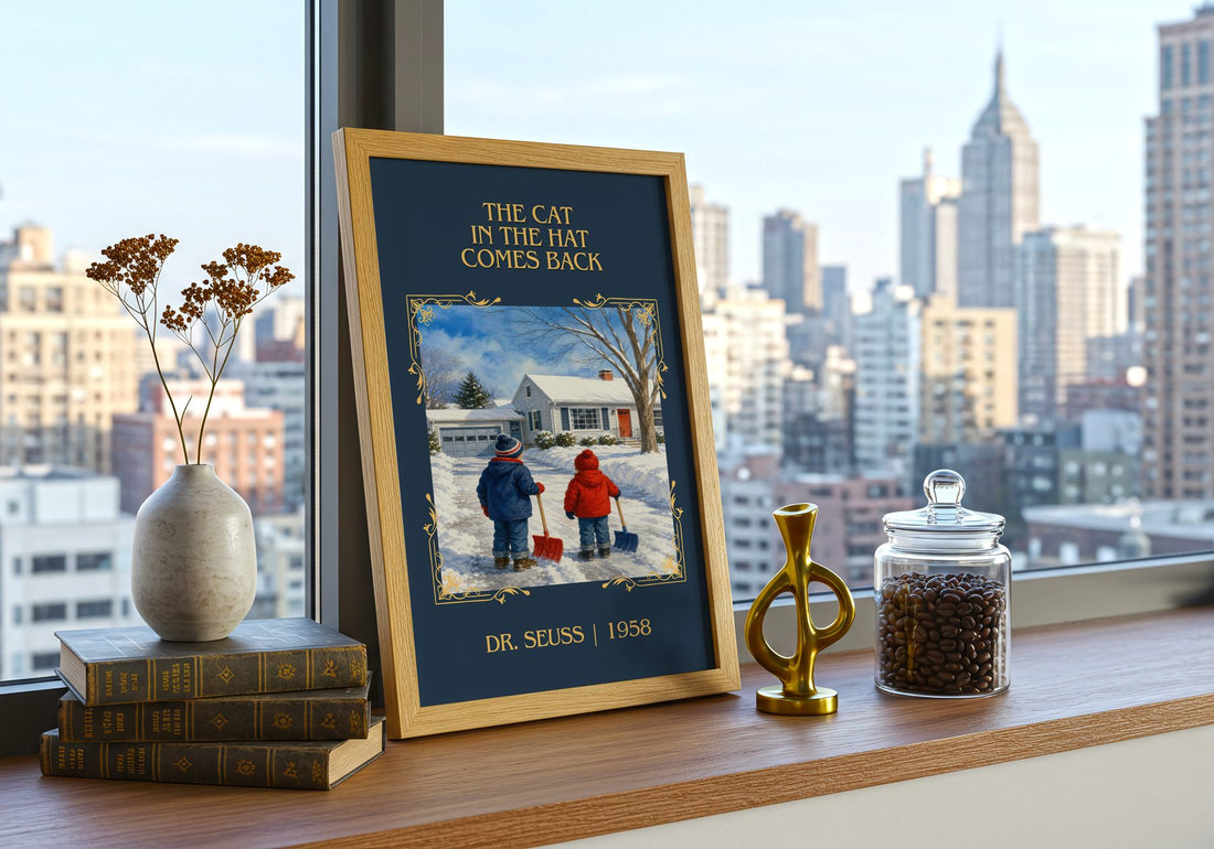 The Cat In The Hat Comes Back Classic Book Art Print by Dr. Seuss – framed print on a city-view windowsill