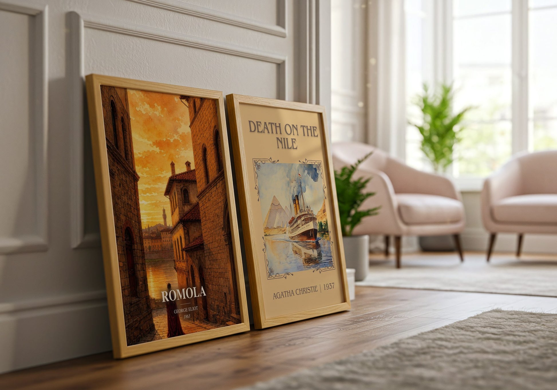 Romola watercolour print framed by window – literary home decor