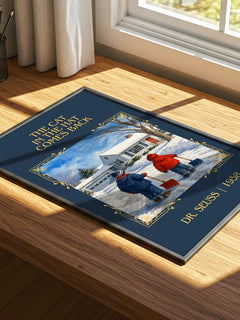 The Cat In The Hat Comes Back Classic Book Art Print by Dr. Seuss – print on a sunlit desk