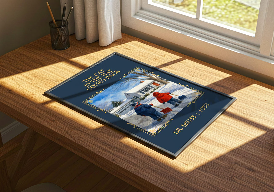The Cat In The Hat Comes Back Classic Book Art Print by Dr. Seuss – print on a sunlit desk