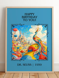 Happy Birthday To You! Classic Book Art Print by Dr. Seuss – framed print leaning on a wooden floor
