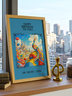 Happy Birthday To You! Classic Book Art Print by Dr. Seuss – framed print on a city-view windowsill