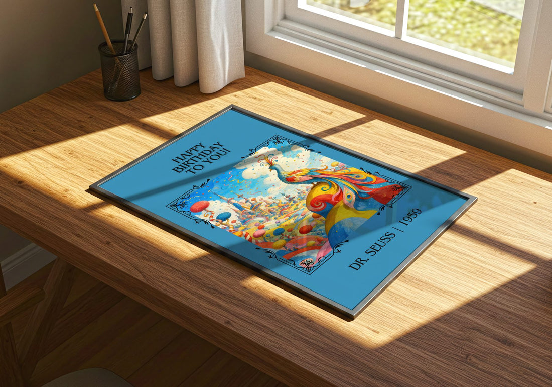 Happy Birthday To You! Classic Book Art Print by Dr. Seuss – print on a sunlit desk