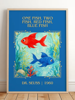 One Fish, Two Fish, Red Fish, Blue Fish Classic Book Art Print – framed print leaning on a wooden floor