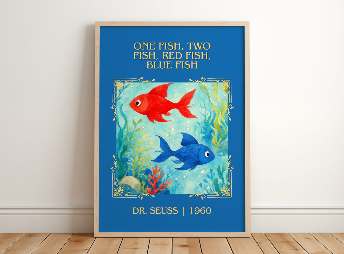 One Fish, Two Fish, Red Fish, Blue Fish Classic Book Art Print – framed print leaning on a wooden floor