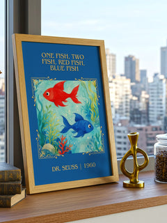 One Fish, Two Fish, Red Fish, Blue Fish Classic Book Art Print – framed print on a city-view windowsill