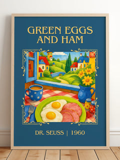 Green Eggs And Ham Classic Book Art Print by Dr. Seuss – framed print leaning on a wooden floor