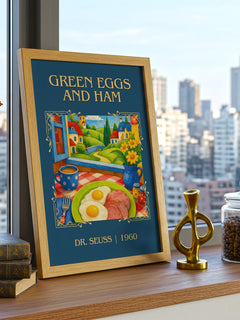 Green Eggs And Ham Classic Book Art Print by Dr. Seuss – framed print on a city-view windowsill