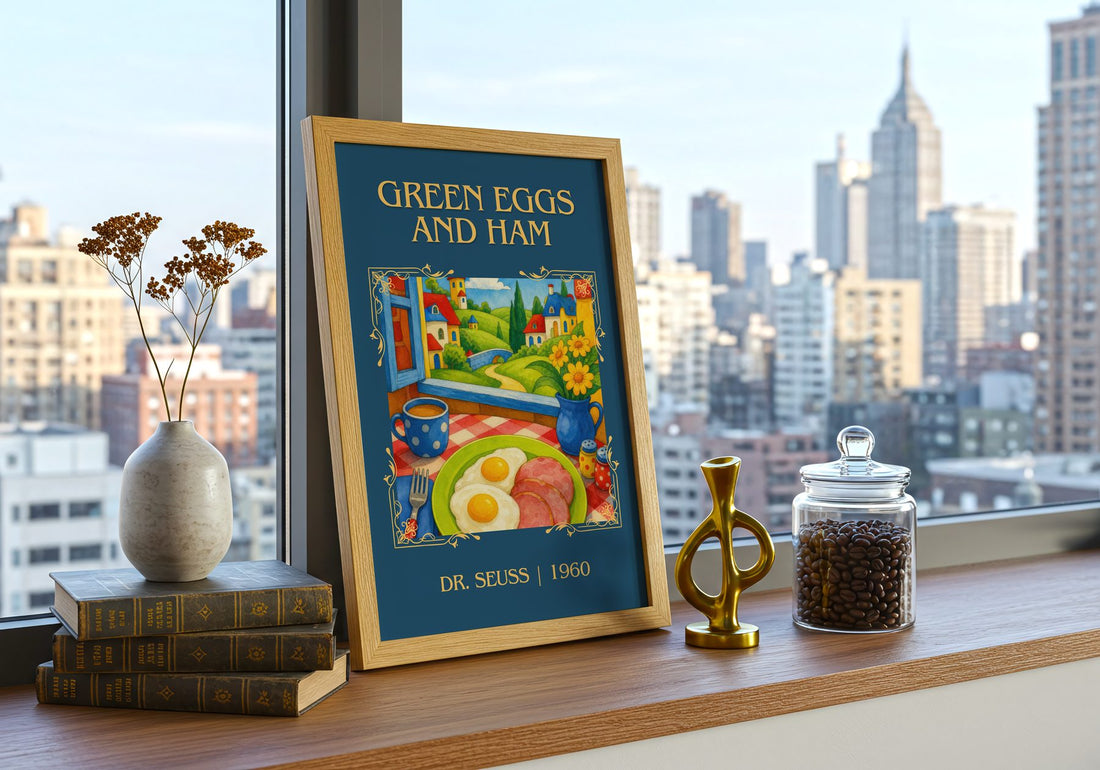 Green Eggs And Ham Classic Book Art Print by Dr. Seuss – framed print on a city-view windowsill