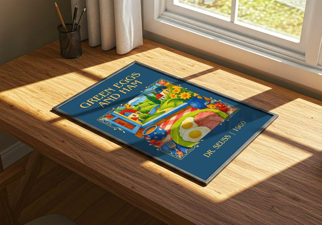 Green Eggs And Ham Classic Book Art Print by Dr. Seuss – print on a sunlit desk
