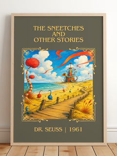 The Sneetches And Other Stories Classic Book Art Print by Dr. Seuss – framed print leaning on a wooden floor