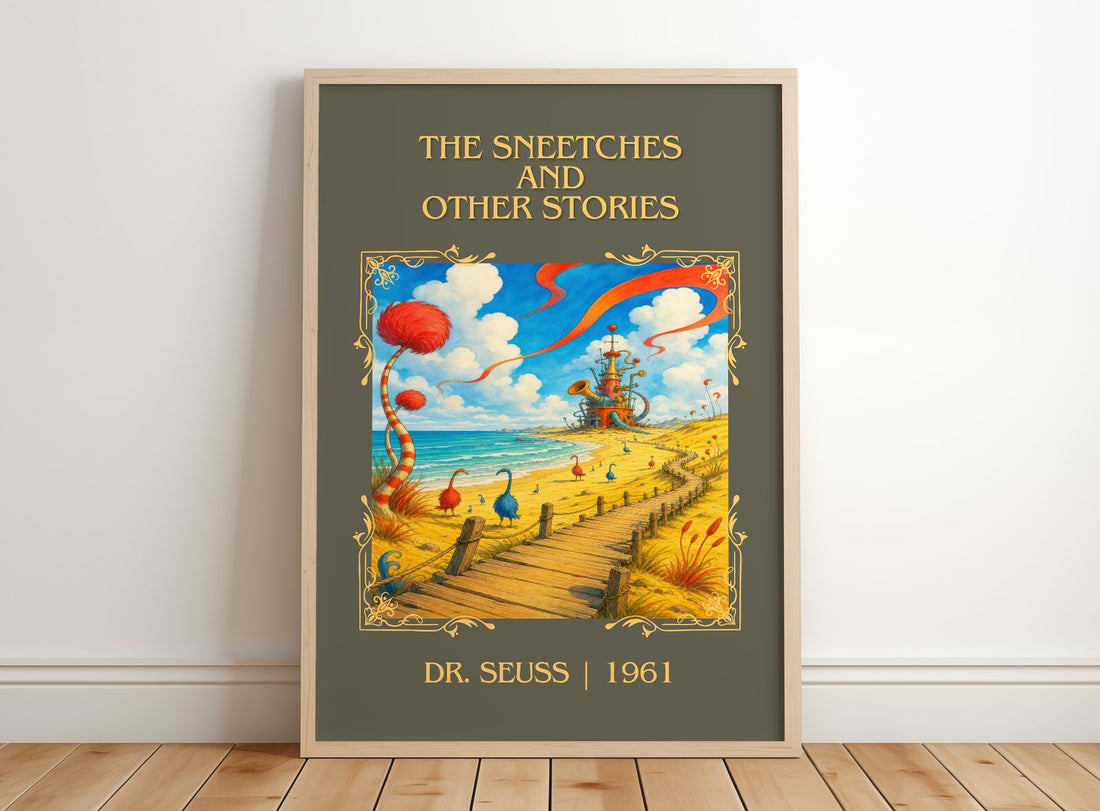 The Sneetches And Other Stories Classic Book Art Print by Dr. Seuss – framed print leaning on a wooden floor