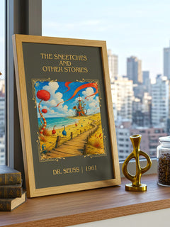 The Sneetches And Other Stories Classic Book Art Print by Dr. Seuss – framed print on a city-view windowsill