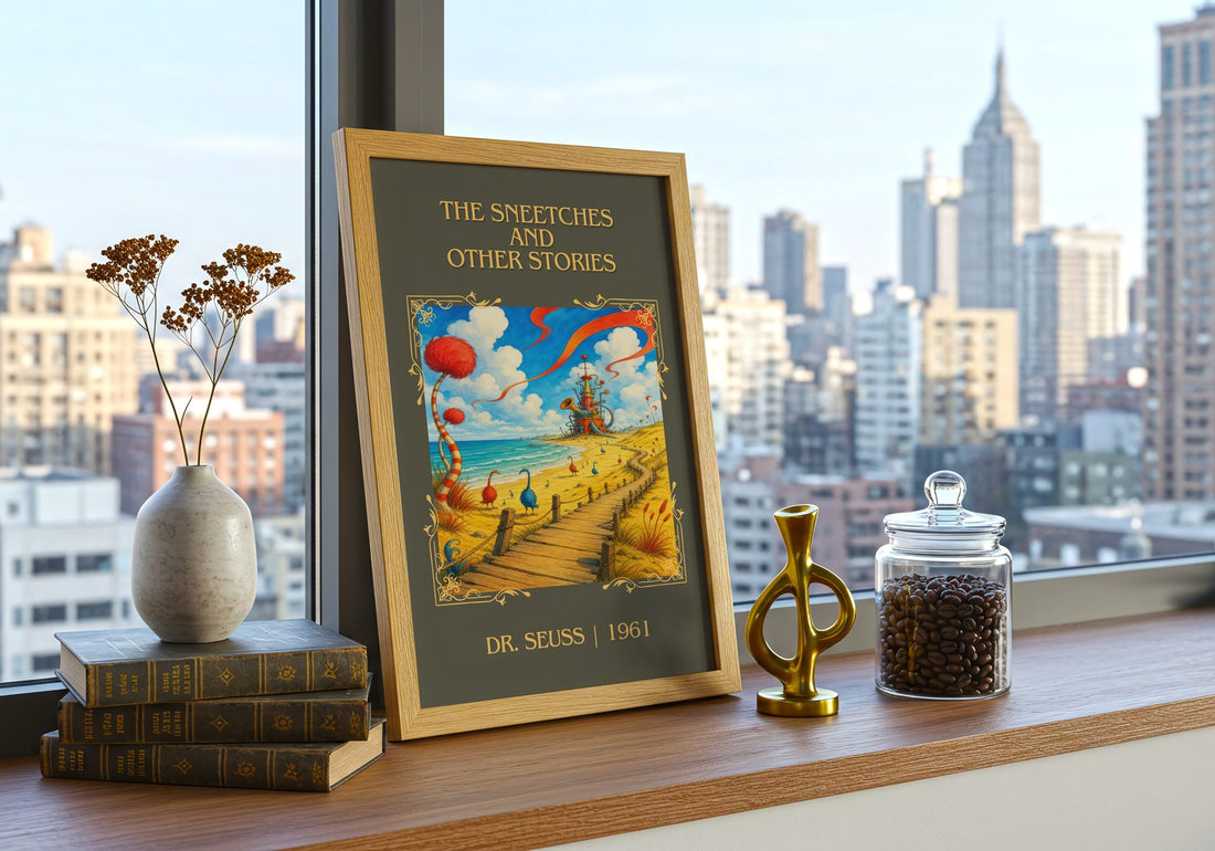 The Sneetches And Other Stories Classic Book Art Print by Dr. Seuss – framed print on a city-view windowsill