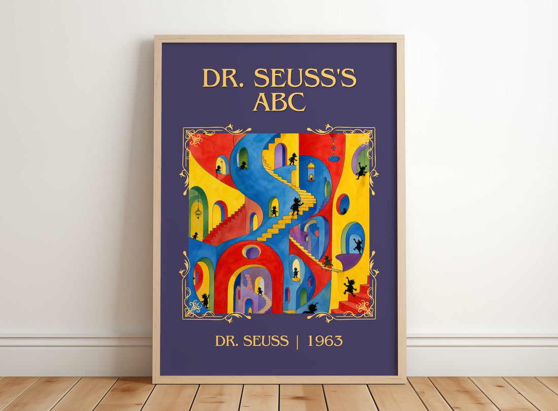 Dr. Seuss'S Abc Classic Book Art Print by Dr. Seuss – framed print leaning on a wooden floor