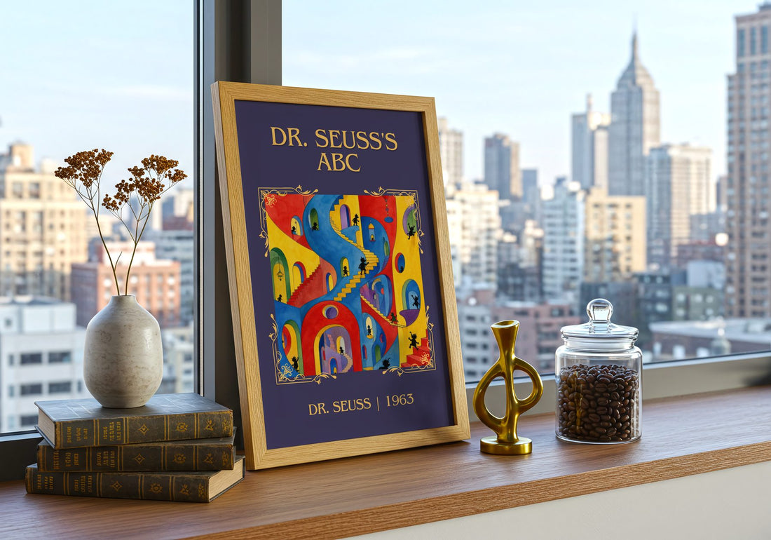 Dr. Seuss'S Abc Classic Book Art Print by Dr. Seuss – framed print on a city-view windowsill