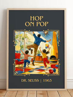 Hop On Pop Classic Book Art Print by Dr. Seuss – framed print leaning on a wooden floor