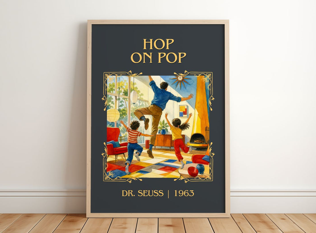 Hop On Pop Classic Book Art Print by Dr. Seuss – framed print leaning on a wooden floor
