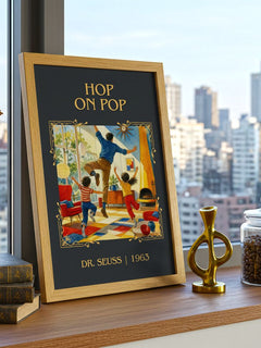 Hop On Pop Classic Book Art Print by Dr. Seuss – framed print on a city-view windowsill