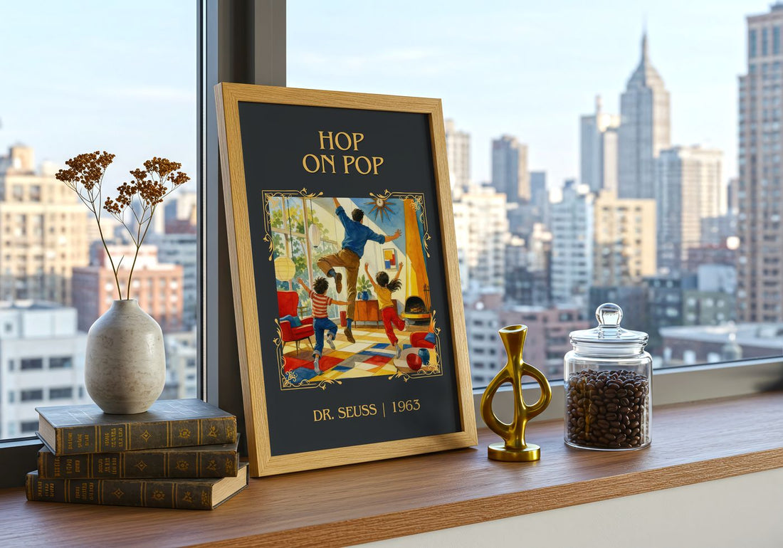Hop On Pop Classic Book Art Print by Dr. Seuss – framed print on a city-view windowsill