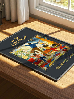 Hop On Pop Classic Book Art Print by Dr. Seuss – print on a sunlit desk
