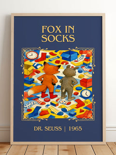 Fox In Socks Classic Book Art Print by Dr. Seuss – framed print leaning on a wooden floor