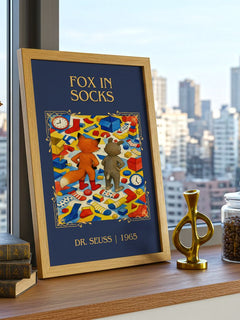 Fox In Socks Classic Book Art Print by Dr. Seuss – framed print on a city-view windowsill