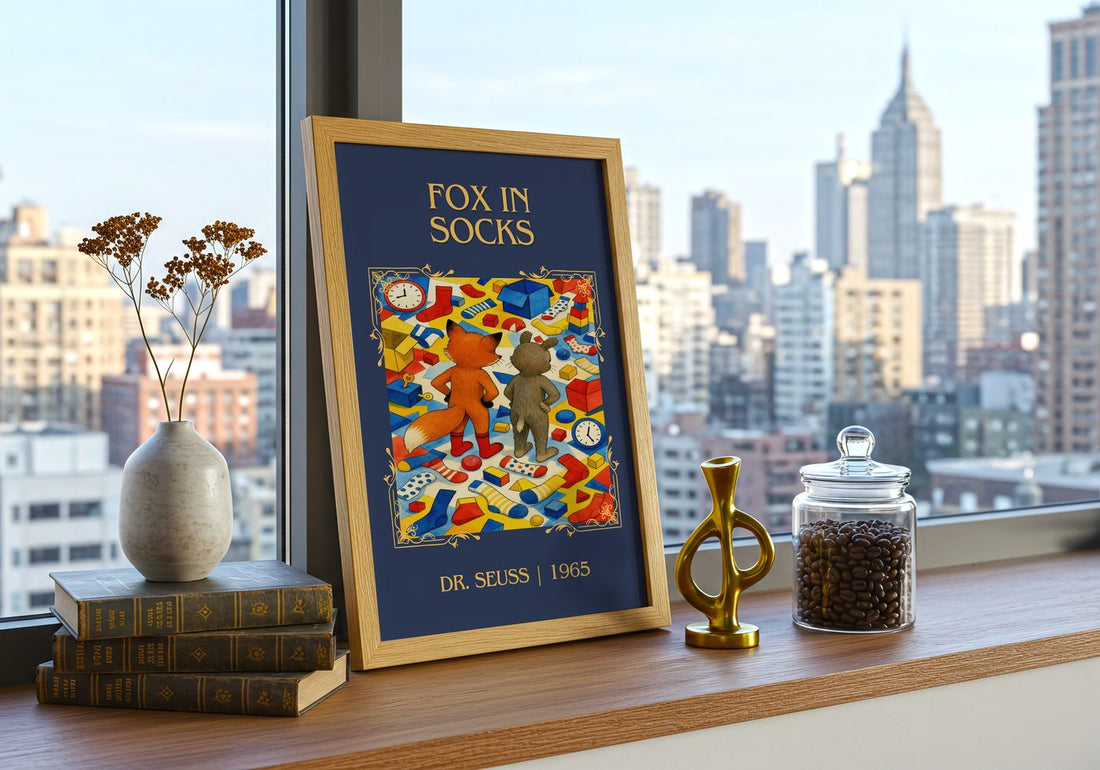 Fox In Socks Classic Book Art Print by Dr. Seuss – framed print on a city-view windowsill