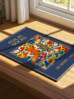 Fox In Socks Classic Book Art Print by Dr. Seuss – print on a sunlit desk