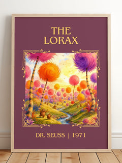The Lorax Classic Book Art Print by Dr. Seuss – framed print leaning on a wooden floor