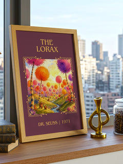 The Lorax Classic Book Art Print by Dr. Seuss – framed print on a city-view windowsill