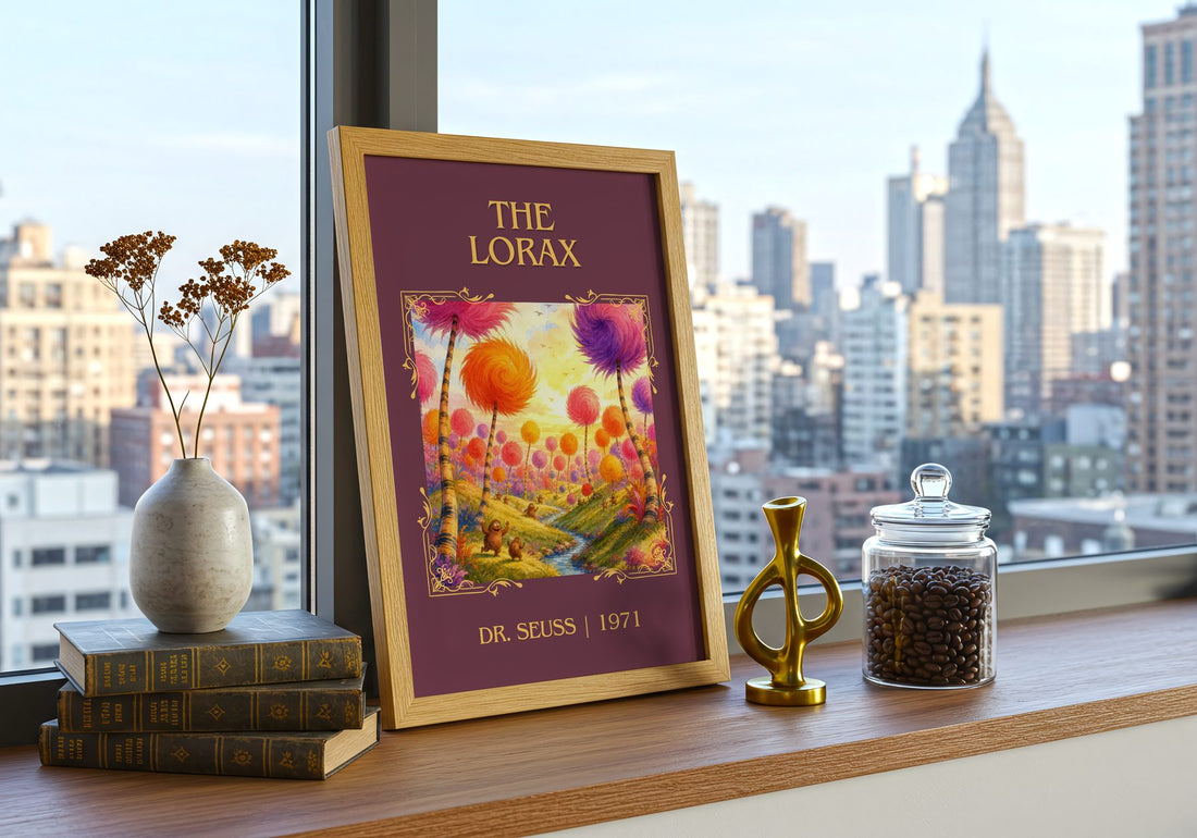 The Lorax Classic Book Art Print by Dr. Seuss – framed print on a city-view windowsill