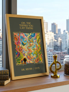 Oh, The Thinks You Can Think! Classic Book Art Print by Dr. Seuss – framed print on a city-view windowsill