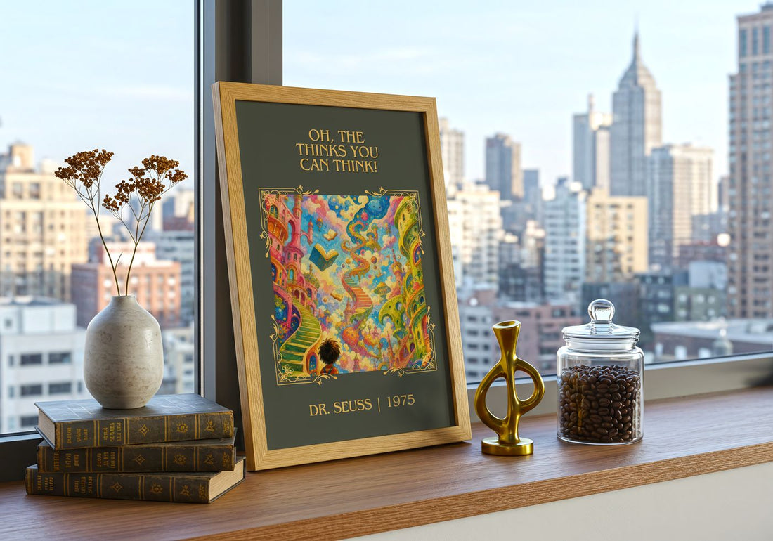 Oh, The Thinks You Can Think! Classic Book Art Print by Dr. Seuss – framed print on a city-view windowsill