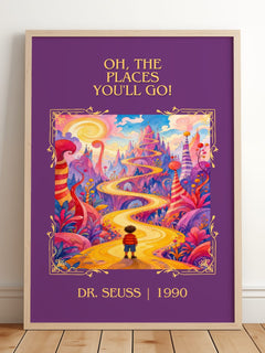 Oh, The Places You'Ll Go! Classic Book Art Print by Dr. Seuss – framed print leaning on a wooden floor