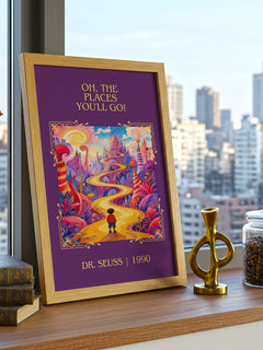 Oh, The Places You'Ll Go! Classic Book Art Print by Dr. Seuss – framed print on a city-view windowsill