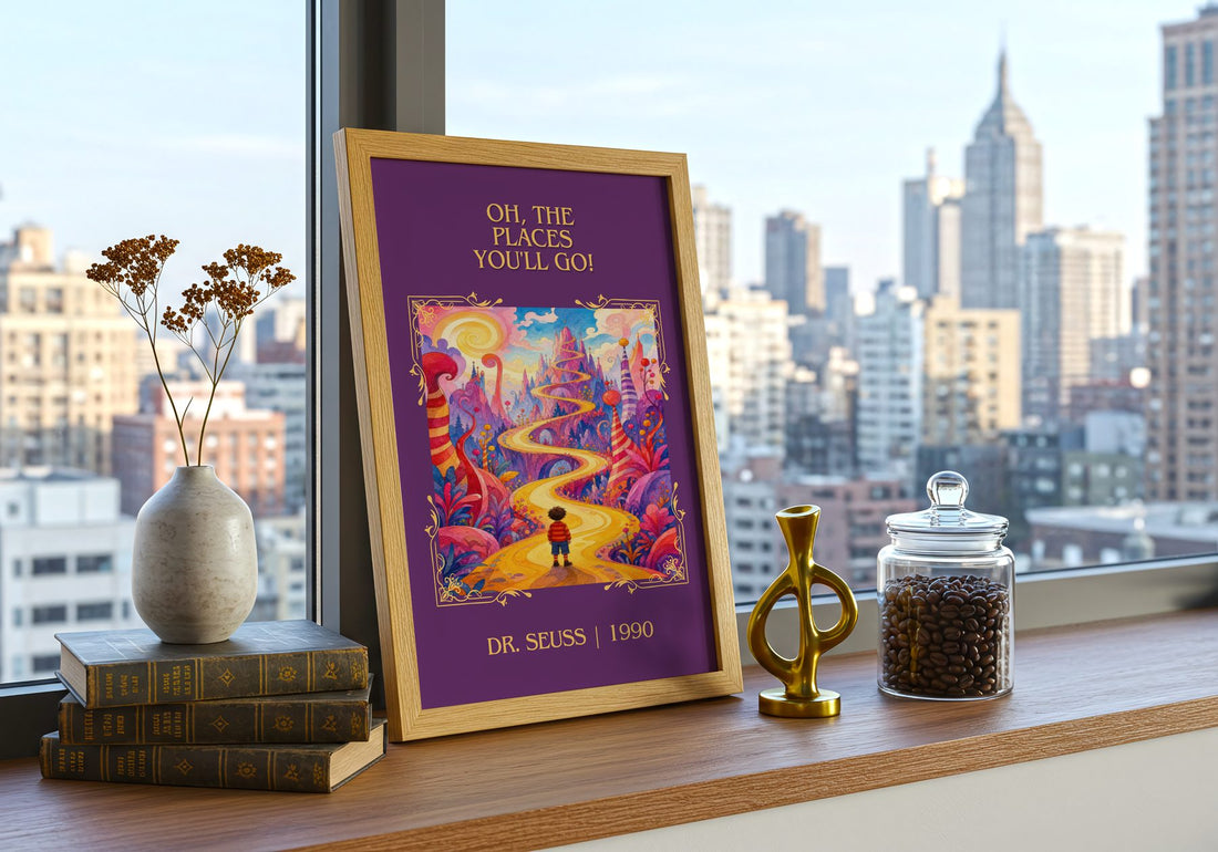Oh, The Places You'Ll Go! Classic Book Art Print by Dr. Seuss – framed print on a city-view windowsill