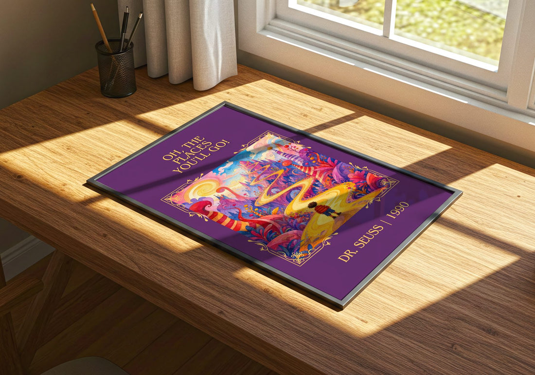 Oh, The Places You'Ll Go! Classic Book Art Print by Dr. Seuss – print on a sunlit desk