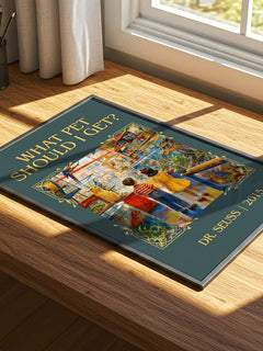 What Pet Should I Get? Classic Book Art Print by Dr. Seuss – print on a sunlit desk