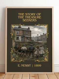 The Story Of The Treasure Seekers Classic Book Art Print by E. Nesbit – framed print leaning on a wooden floor