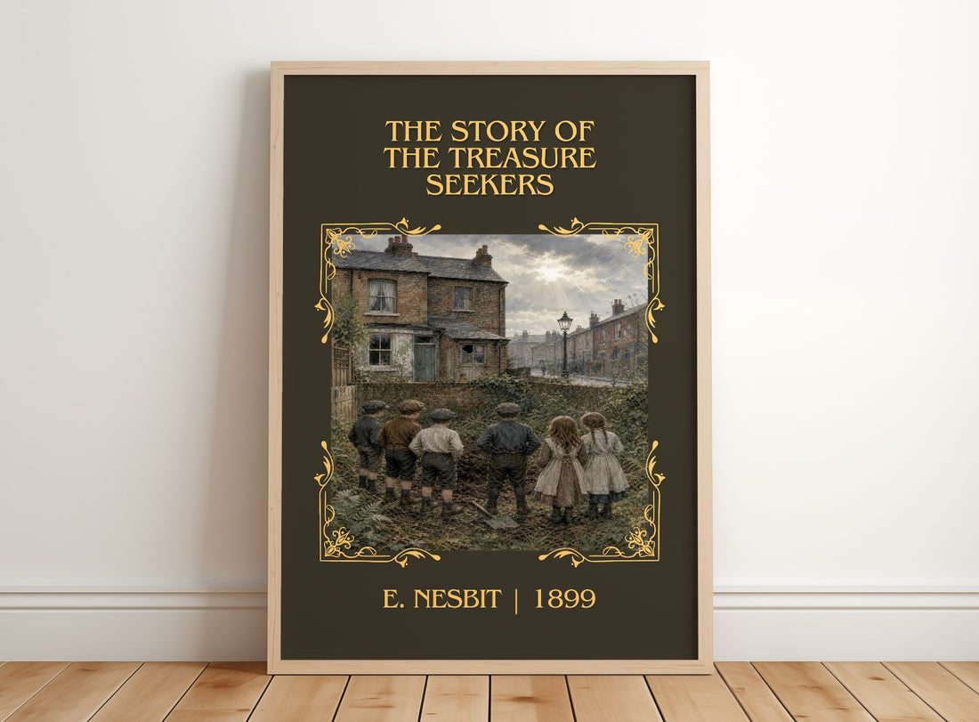 The Story Of The Treasure Seekers Classic Book Art Print by E. Nesbit – framed print leaning on a wooden floor