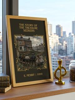 The Story Of The Treasure Seekers Classic Book Art Print by E. Nesbit – framed print on a city-view windowsill
