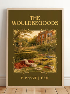 The Wouldbegoods Classic Book Art Print by E. Nesbit – framed print leaning on a wooden floor