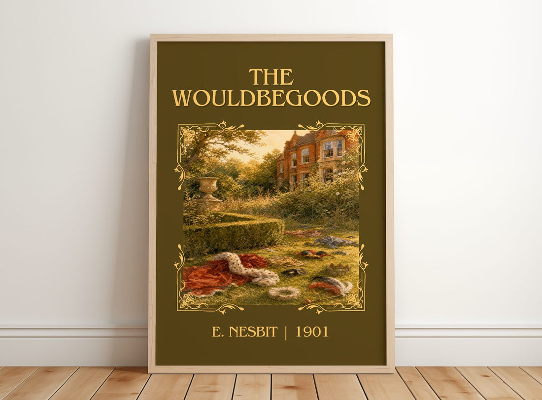 The Wouldbegoods Classic Book Art Print by E. Nesbit – framed print leaning on a wooden floor