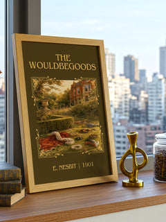 The Wouldbegoods Classic Book Art Print by E. Nesbit – framed print on a city-view windowsill