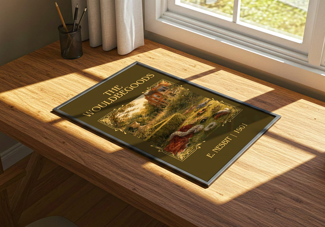 The Wouldbegoods Classic Book Art Print by E. Nesbit – print on a sunlit desk