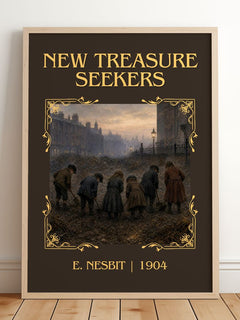 New Treasure Seekers Classic Book Art Print by E. Nesbit – framed print leaning on a wooden floor