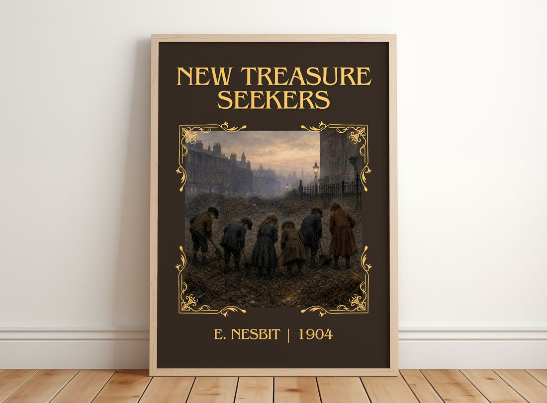 New Treasure Seekers Classic Book Art Print by E. Nesbit – framed print leaning on a wooden floor