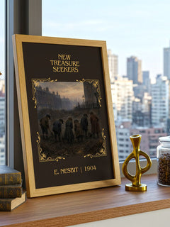 New Treasure Seekers Classic Book Art Print by E. Nesbit – framed print on a city-view windowsill