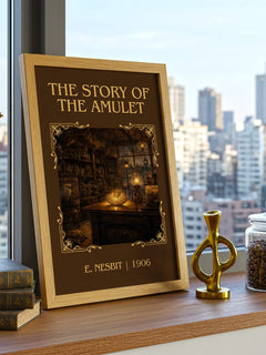 The Story Of The Amulet Classic Book Art Print by E. Nesbit – framed print on a city-view windowsill